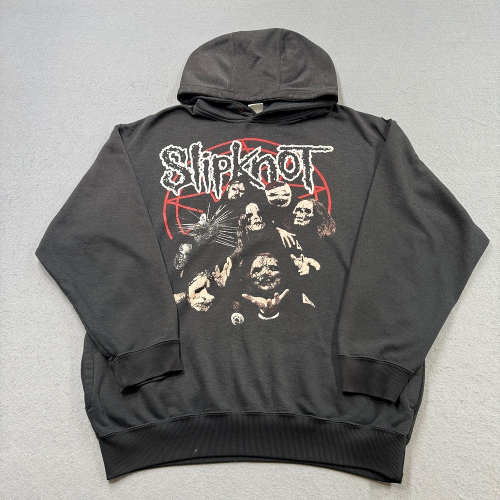 Y2K Slipknot Hoodie Men's XL Black Faded Graphic Loose Fit Pentagram Nu Metal